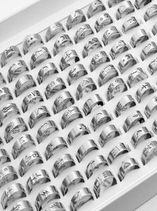 100 PCS Fashion Hollow Silver Color Bands en acier inoxydable Anneaux pour les hommes Mélangez Animal Anims Jésus, Taille de style 17 mm à 21 mm6120798