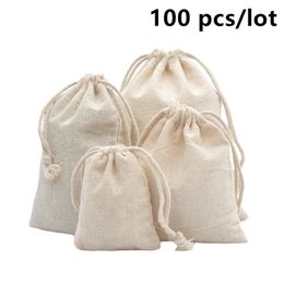 100 unids/lote bolsas de algodón con cordón para regalo de Navidad de boda paquete DIY pequeñas bolsas lisas sacos de almacenamiento a prueba de polvo para el hogar 240327