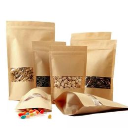 Rndlo – sacs en papier Kraft à fermeture éclair, 100 pièces/lot, sacs alimentaires debout, pochettes de scellage réutilisables avec sacs à fenêtre transparents