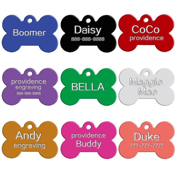 100 pcs / lot Couleurs mélangées Double côtés en forme d'os Étiquettes d'identification de chien personnalisées Nom d'animal de compagnie de chat personnalisé Téléphone Non Ne pas offrir Engr217f