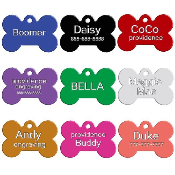 100 pcs / lot Couleurs mélangées Double côtés en forme d'os Étiquettes d'identification de chien personnalisées Nom d'animal de compagnie de chat personnalisé Téléphone Non Ne pas offrir Engr247Q