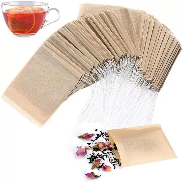 100 pcs / lot thé filtre sac passoires outils naturel non blanchi pâte de bois papier jetable infuseur sacs vides avec pochette à cordon FY3735 091