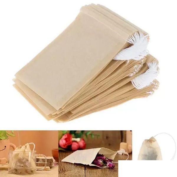 100 pcs / lot thé filtre sac passoires outils naturel non blanchi bois PP papier jetable infuseur sacs vides avec pochette Dstring Drop De Dhbw3