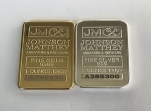 100 PCS non magnétique Johnson Matthey Sivler Barres plaquées or 50 mm x 28 mm 1 oz Bar de décoration JM Coin avec différents sérials laser4140552