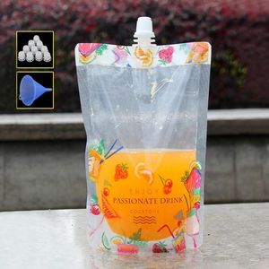 100 stks Mooie bloem kleurrijke stand-up plastic drink verpakking spruit tas buidel voor drank vloeibare sap melk koffie 380ml 201022