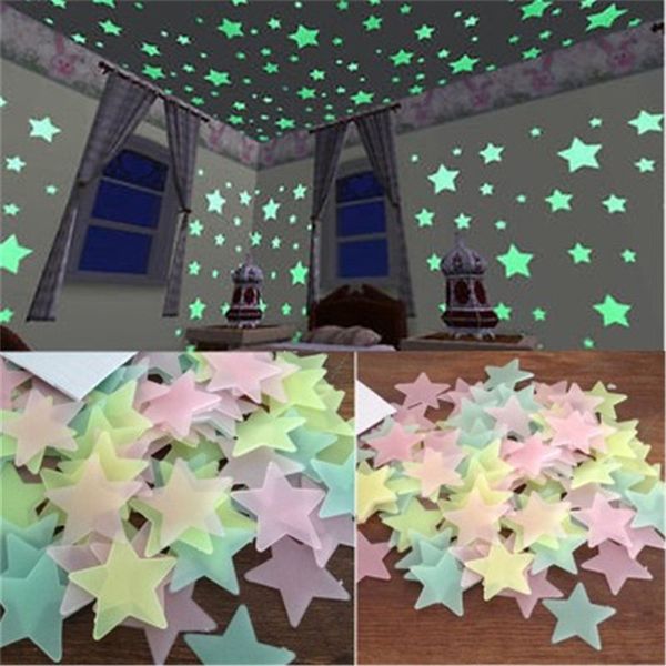 Autocollants muraux étoiles lumineuses 3D, 100 pièces/ensemble, brillent dans la nuit, décoration de maison bricolage pour chambre d'enfants, sparadrap muraux de salon