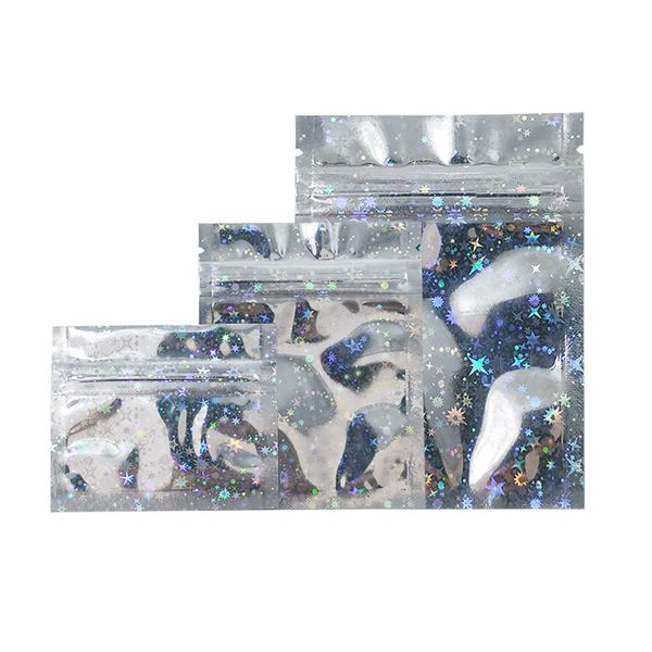 100 Uds Ziplock holograma estrella láser bolsa de embalaje de papel de aluminio cremallera resellable Mylar Zip bolsa para envoltura de polvo de muestra de alimentos
