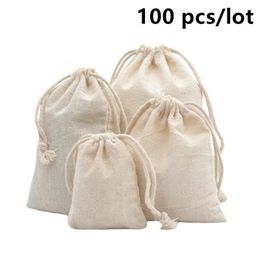 100 PcsLot Bolsas de algodón con cordón para regalo de Navidad de boda Paquete de bricolaje Pequeñas bolsas lisas Sacos de almacenamiento a prueba de polvo para el hogar 240119