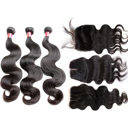 Bella Hair Bundles avec fermeture Péruvienne pleine tête non traitée tissage de couleur naturelle Extensions d'onde du corps 4pcs / lot