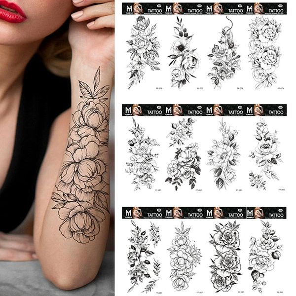 100 pièces / lot fleur noire rose imperméable tatouages ​​temporaires autocollant en gros serpent lettre corps bras jambe henné fausse manche 240311