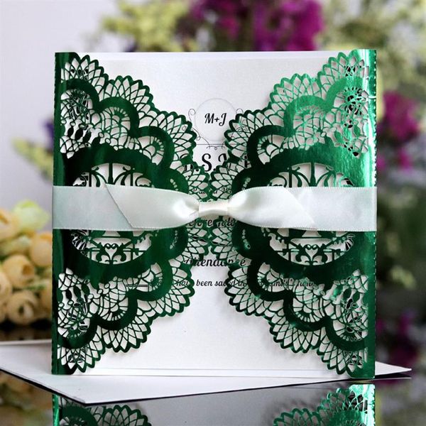 100 piezas / lote Laser Cut Love Bird Verde brillante Personalizar Imprimir Tarjeta de invitación de boda Compromiso reflectante IC115G297E