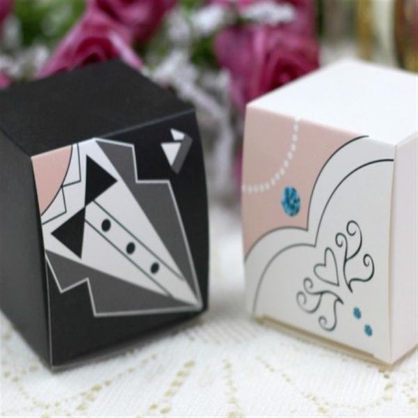 Lote de 100 piezas, 50 pares de cajas de regalo para traje de novio y novia en forma cuadrada para caja de dulces de boda y favores de fiesta, 2 opciones 203V