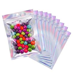 100 pièces sacs Mylar refermables couleur holographique plusieurs tailles anti-odeur clair fermeture éclair sacs de bonbons alimentaires dfg3266472