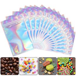 100 pièces sacs Mylar refermables couleur holographique plusieurs tailles anti-odeur clair fermeture éclair bonbons alimentaires Ifkia