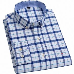 100% Pure Cott Oxford Camisas para hombres LG Manga Camisa a cuadros Camisa a rayas Camisa masculina BusinTartan Camisa roja Hombres Camisas de diseñador S2cr #