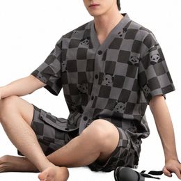 100% Pure Cott Pijamas para hombres Verano Hombre Pijamas Tallas grandes L-3XL Manga corta Kimo Ropa de dormir Conjunto de pijama con estampado a cuadros 699a #