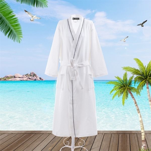 100% pur coton peignoir gaufre hommes kimono robe longue mince unisexe pyjamas sauna vêtements de nuit absorption d'eau blanc 201109