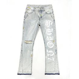 Jeans plegables para hombres de algodón 100% puros con letras Pantalones de mezclilla de dobladillo abiertos impresos en rodillas de hombre pesado 240426