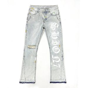 Jeans pliables 100% coton pur avec lettre de jean ouverte imprimé pantalon lourd déchirure sur les genoux masculins 240426