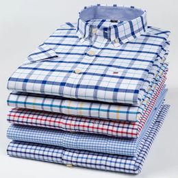 100% pur coton hommes Oxford manches courtes col carré solide Plaid rayé été chemises décontractées chemise à poche unique 230226