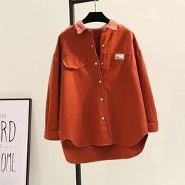 100% Puur Katoen Veelzijdig Shirt voor Dames Lente Herfst Verdikte Koreaanse versie Losse Afslankende Casual Bovenkleding Top 240322