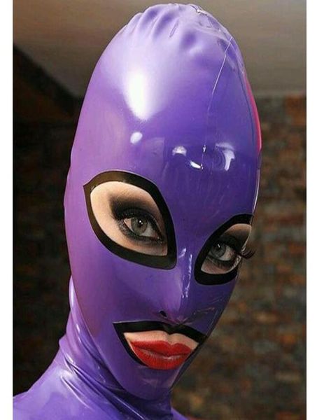 Cagoule en Latex pur 100, yeux et bouche ouverts pour belle fille, masque fétiche en caoutchouc violet, tenue de fête Cosplay, Costume5711923