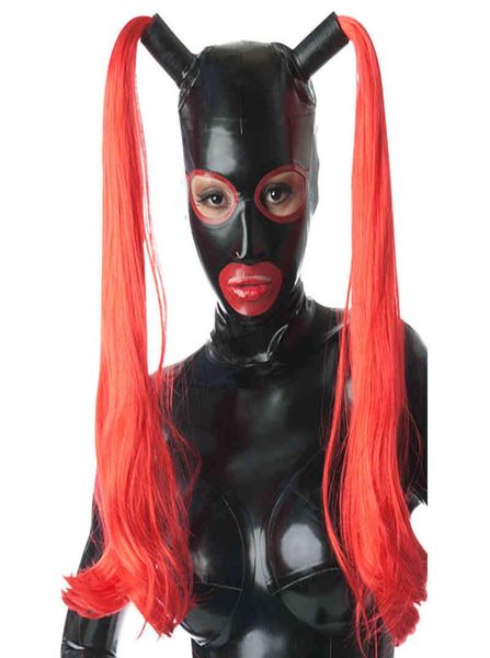 100 cagoules en latex pur avec doubles perruques filamenteuses masques fétichistes en caoutchouc faits à la main Cosplay Party Wear1912850