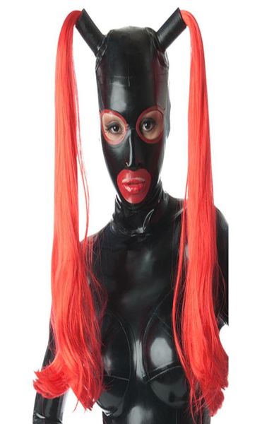 Capuchas de látex 100 puro con pelucas de doble filamento, máscaras de fetiche de goma, ropa de fiesta hecha a mano para Cosplay 6730048