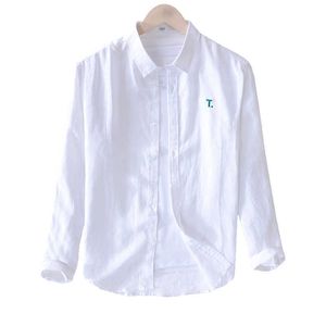 Camisas de manga larga de lino 100% puro para hombre, camisetas blancas con bordado de letras T, camisetas informales con cuello vuelto, ropa 210601