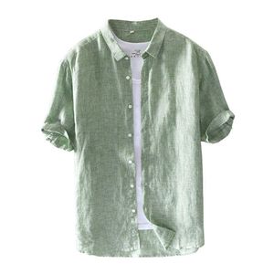 100% Pure Linen Short Sleeve Shirts for Men Casual Fashion Green Pink Plaid Shirt Turn-down Collar Male Summer Tops 210601