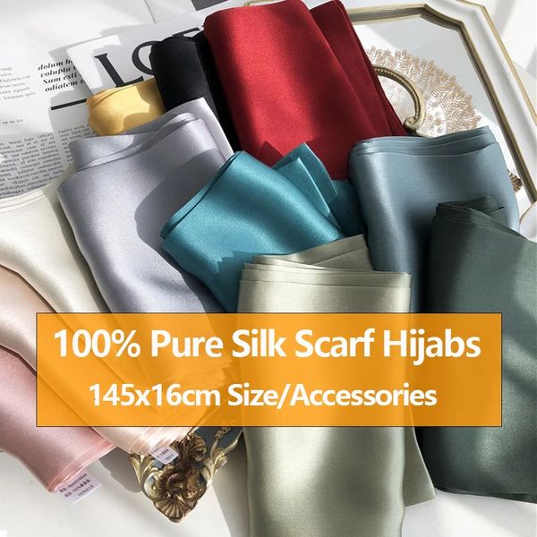 100 écharpe et châles en soie pure pour les femmes doubles doubles fines foulards fines dames solides Hijabs sac asscssroies cou foulard 240425