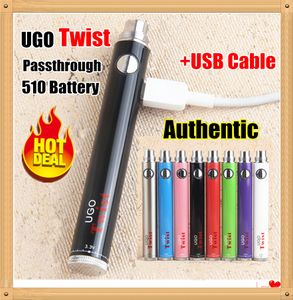 MOQ 1Pcs 100% Auténtico UGO Bottom Twist Batería 510 Thread EVOD Vape Pen 650 900mAh VV Voltaje variable Side USB Passthrough + Kit de cargador USB