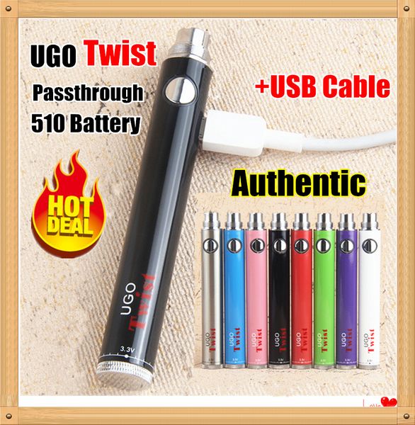MOQ 1Pcs 100% Auténtico UGO Bottom Twist Batería 510 Thread EVOD Vape Pen 650 900mAh VV Voltaje variable Side USB Passthrough + Kit de cargador USB