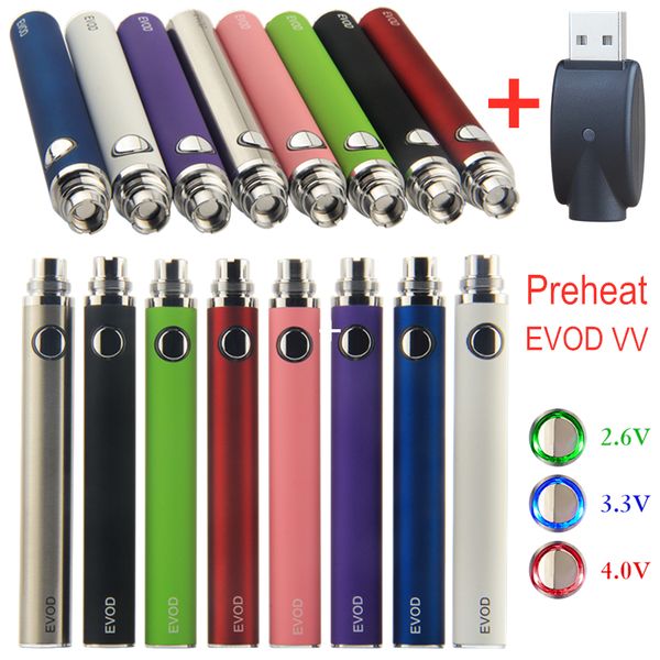 MOQ 10Pcs 100% Calidad Precalentamiento VV Evod Baterías Vapor Pen Voltaje ajustable eCig 510 Thread Ego Batería 1100m Ah Cargador USB para Dab Wax Oil Vaporizer Tank