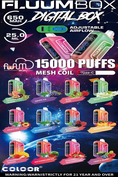 Produit de qualité à 100% Cigarettes électroniques jetables FLUUM BOX TN15000 PUFFS 23 ml 18250 650 mah jusqu'à 15 000 bouffées Emballage coloré, 12 saveurs Service 0EM/ODl