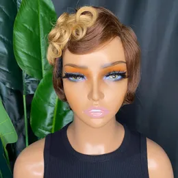 100% crudo Remy Virgin Human Hair Brown Pixie Curly Cut Wig Corta Peluca de cabello indio de Malasia