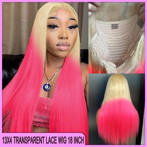 100% rauwe maagd Remy Human Hair Maleisische Peruaanse Braziliaanse 613 Roze kleur Silky rechte 13x4 transparante kant frontale pruik 18 inch