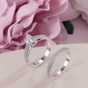 100% echte 925 zilveren ringen voor vrouwen eenvoudige dubbele stapelbare fijne sieraden bruids sets ring bruiloft engagement accessoire 201006