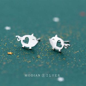 100% réel 925 argent Sterling Animal mignon petit cochon avec coeur boucles d'oreilles pour femmes Grils bijoux cadeau 210707