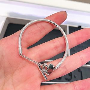 100% Real 925 Pulseras de plata esterlina Joyas Momentos Corazón T-Bar Pulsera de cadena de serpiente para mujeres Argent S925 Brazaletes Fit Pandora DIY 599285C00