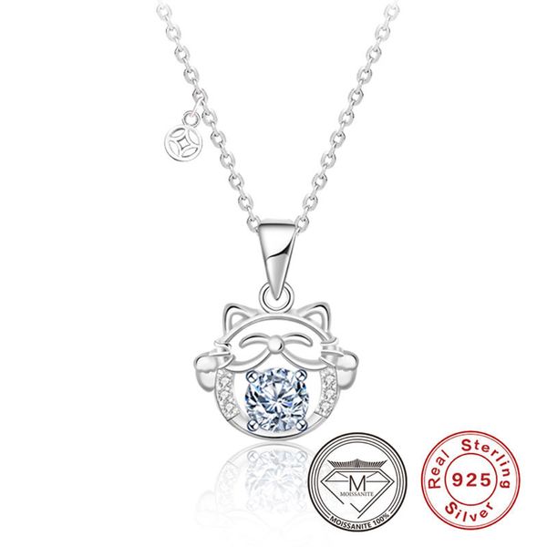 Plata de Ley 925 100% auténtica collares con colgante de gato de la suerte ajuste de punta 0,5 CT Moissanite diamante diseñador joyería collar regalo