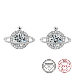 Pendientes de tuerca con forma de planeta Moissanite de Plata de Ley 925 100% auténtica para madre y mujer, regalo para el día del maestro, joyería pendiente de diamante de laboratorio de lujo