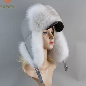100% réel Fox Fur Hat à fourrure féminine Russe Ushanka Trapper Snow Ski Caps Caps Earflap hiver Ratcoon Bomber Fur Bomber 231222