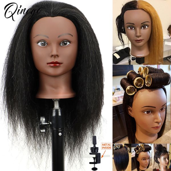 100% réel Hair Mannequin Head Haidressher Training Head with Stand Trépied Afro Manikin Cosmétologie Poupée Head For Braiding Stylin