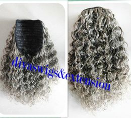 100 vrais humains gris bouffée afro queue de cheval extension de cheveux clip dans Remy coily crépus bouclés cordon queues de cheval gris morceau de cheveux 120g3555130