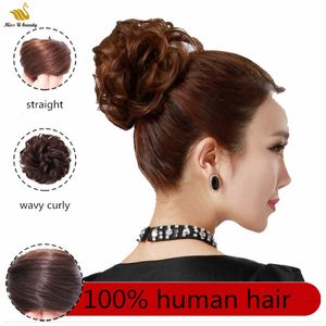 100% Echte Human Hair Extensions Elastische Band Scrunchie Updo Haarstukken Donuy Chignon Krullend Topknot
