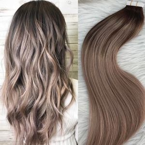 100% Echt Menselijk Haar Tape in Extensions Ombre T4/18 Ash Blonde Balayage Onzichtbare Tape op Haarverlenging 100g/40 stks