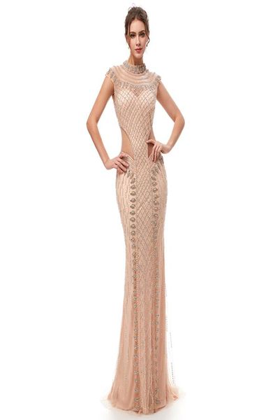 100 Image réelle 2019 Champagne manches courtes sirène robes de bal avec paillettes col haut tulle creux robes de soirée 54013017046