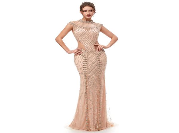 100 Image réelle 2019 Champagne manches courtes sirène robes de bal avec paillettes col haut tulle creux robes de soirée 54012879822