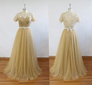 100% echt beeld gouden parel tule prom jurken bateau nek korte mouwen backless vloer lengte avondjurken